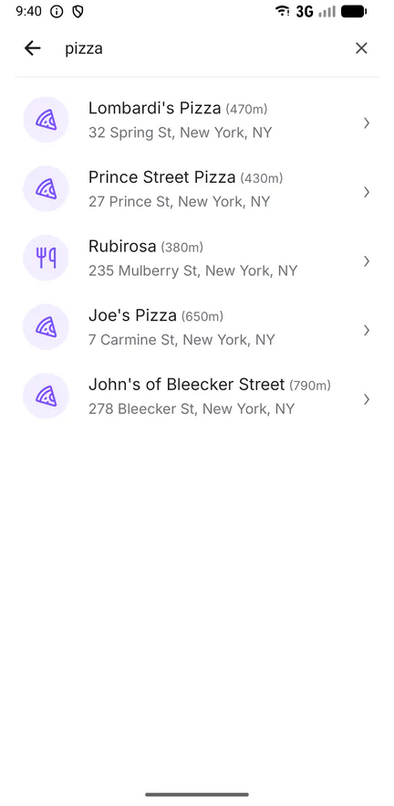 Searching for pizza places near you in the Ominies app