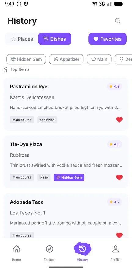 Saved dishes and favourites in the Ominies history tab