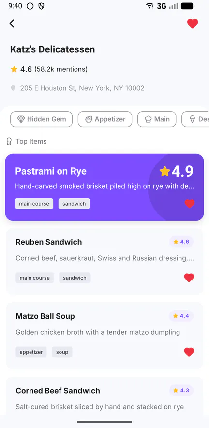 Ominies app screen ranking the best dishes at Katz's Delicatessen, with the top dish highlighted