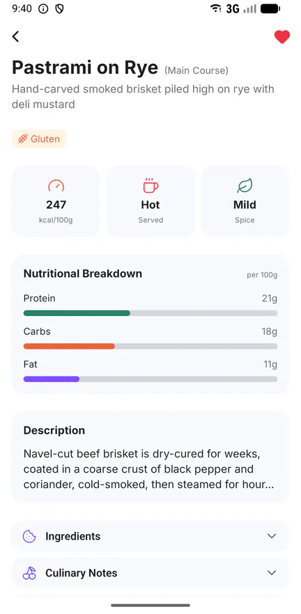 Dish details in Ominies with calories, macros and allergen tags