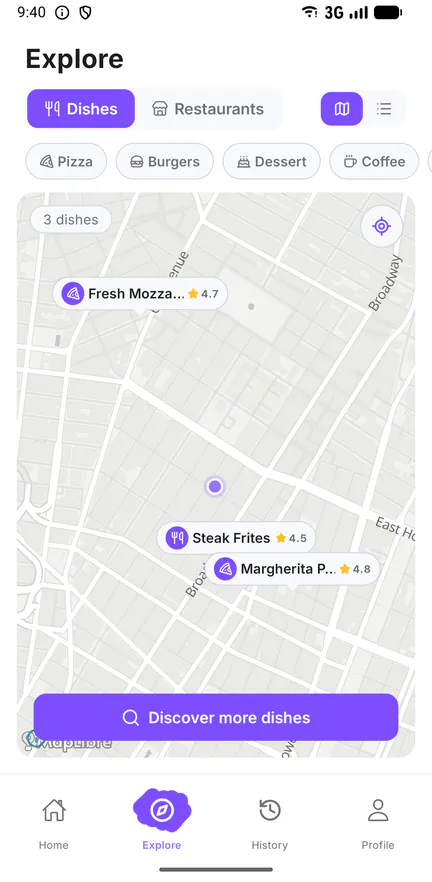 The Ominies explore map showing top-rated dishes near you in New York